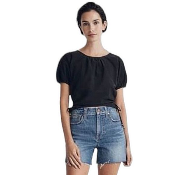 Madewell NWT Poplin Puff-Sleeve Side Cinch Cutout  Top sz XS in‎ Black - Picture 3 of 13